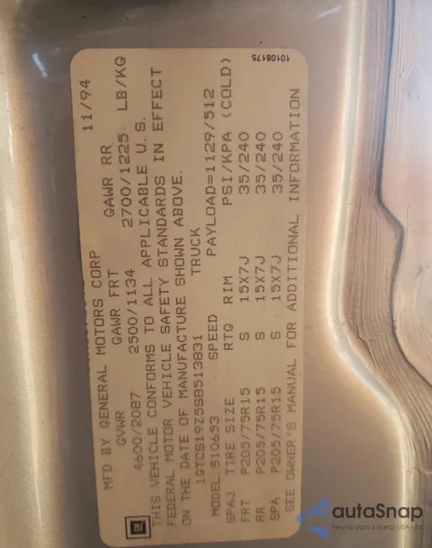 1995 GMC Sonoma z USA, uszkodzony, nr VIN 1GTCS19Z5S8513831